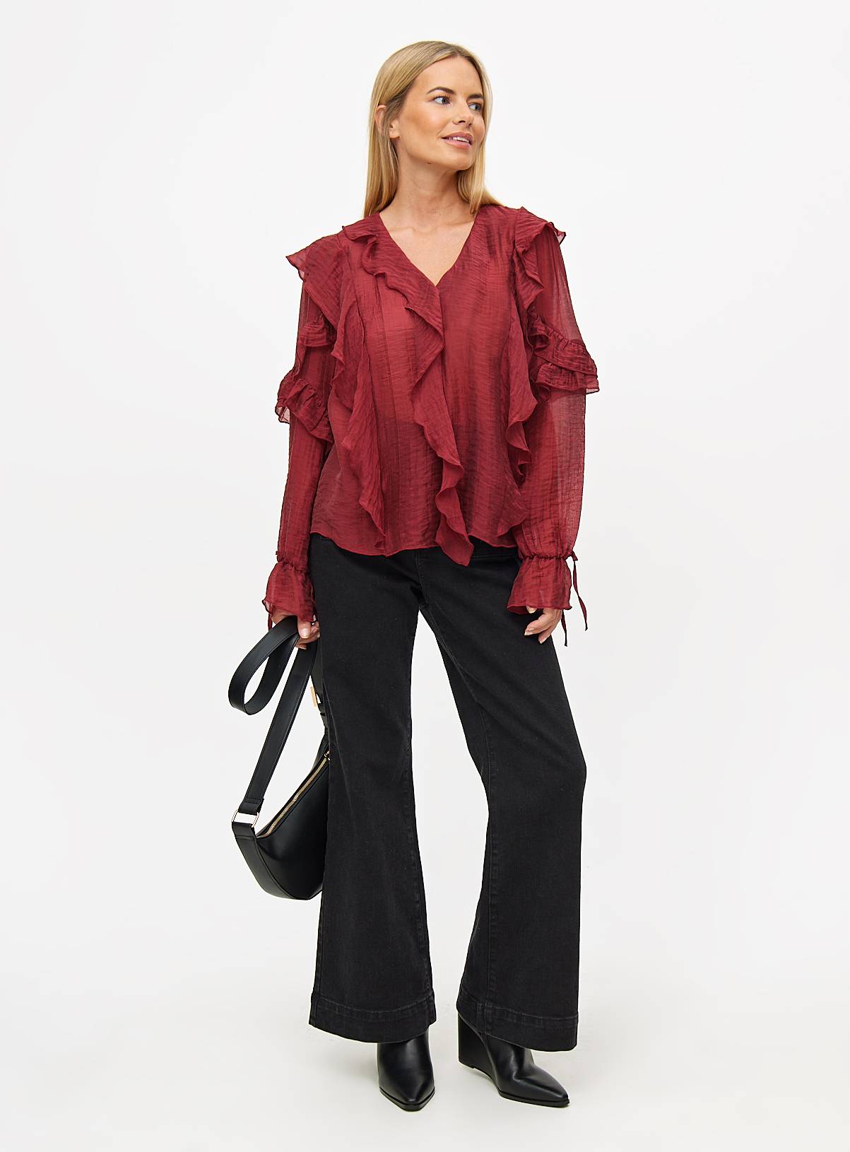 Berry Red Semi-Sheer Ruffle Blouse 24 - Image 2
